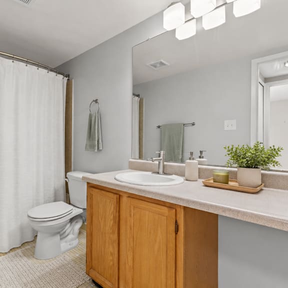 a white bathroom with a toilet, sink, and shower curtain.