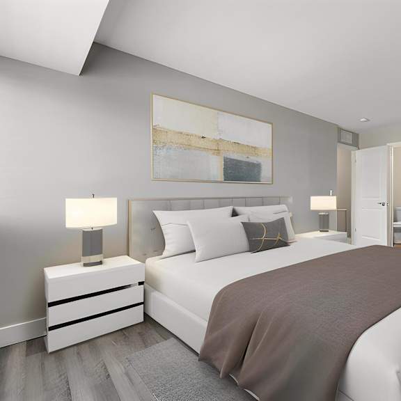 a bedroom with a white bed and a gray blanket at sunnymede apartments - troy, mi, troy, 48084