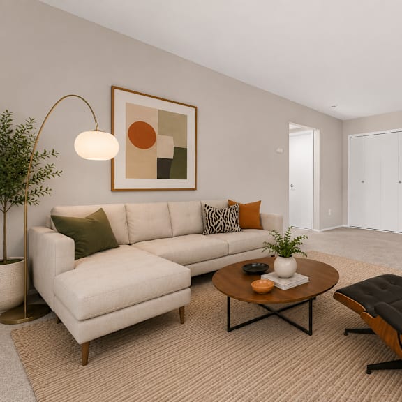 a living room with a white couch, a coffee table, and a chair.