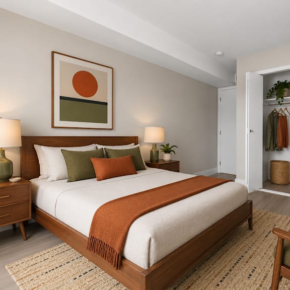 a bedroom with a large bed and a chair.