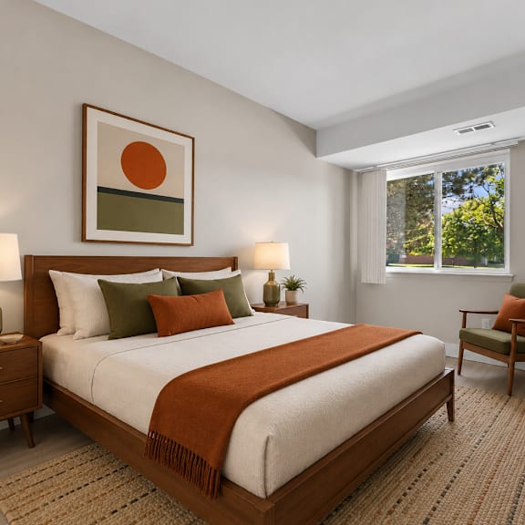 a bedroom with a large bed, a chair, and a painting on the wall.