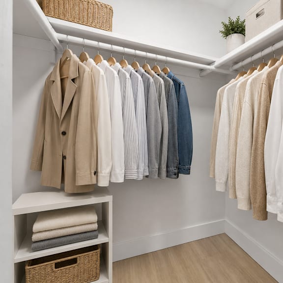 clothes hanging on a rack in a room.