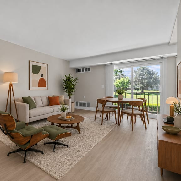 a living room with a white couch, a wooden coffee table, and a rug.