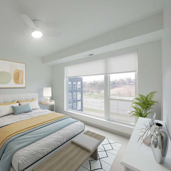 Thumbnail 7 of 10 Primary bedroom in the CC3 two bedroom plus den, two bathroom floor plan at The Mera in St. Louis Park, Minnesota