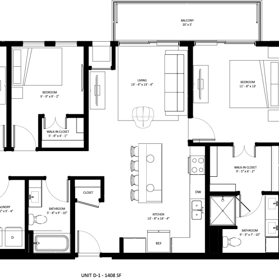 Thumbnail 2 of 2 3 bedroom 2 bath D-1 Floor Plan at The Mera, St Louis Park, MN