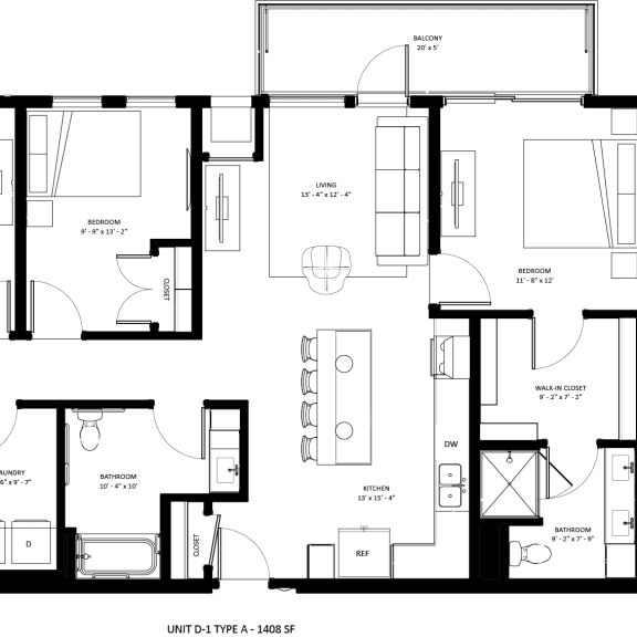 Thumbnail 2 of 3 3 bedroom 1 bath D-1 Type A Floor Plan at The Mera, St Louis Park, Minnesota