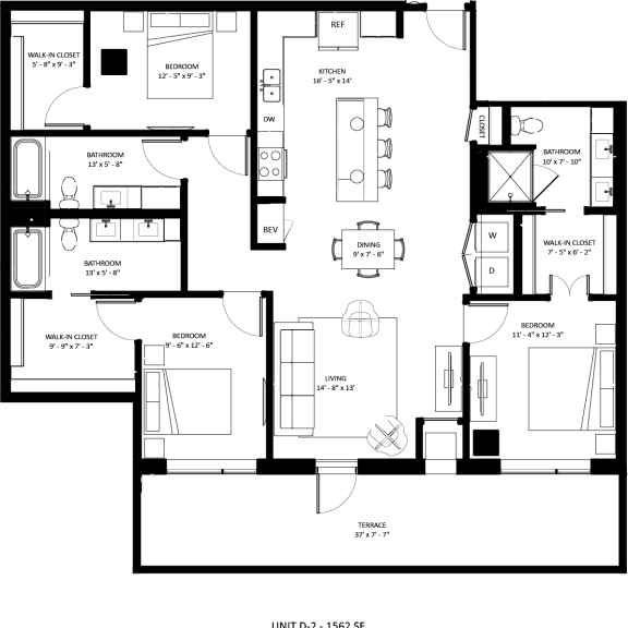 Thumbnail 2 of 2 3 bedroom 2 bath D-2 Floor Plan at The Mera, Minnesota