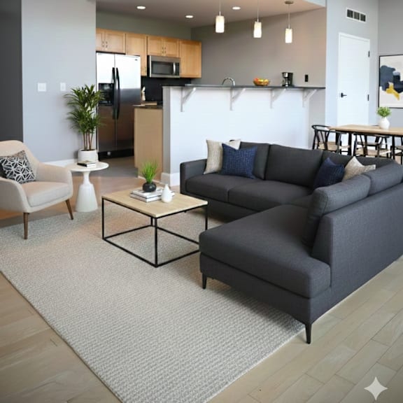 a modern living room with a grey sofa and a coffee table.
