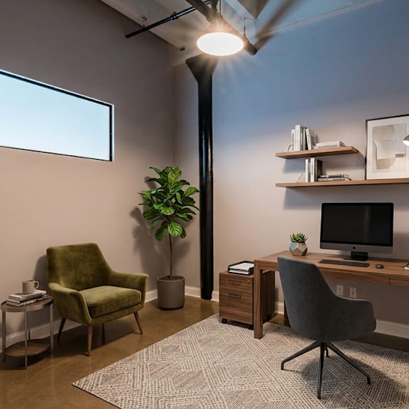 a room with a chair, a desk, and a plant.
