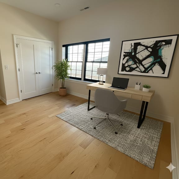 a room with a desk, chair, and a plant.