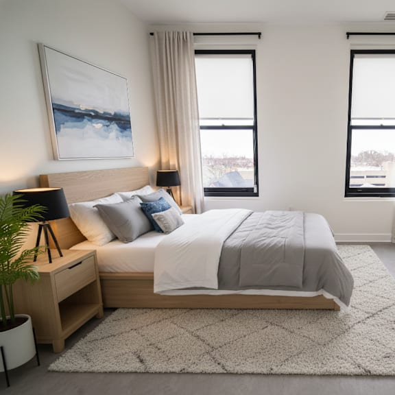 a bedroom with a large bed, a side table, and a dresser.
