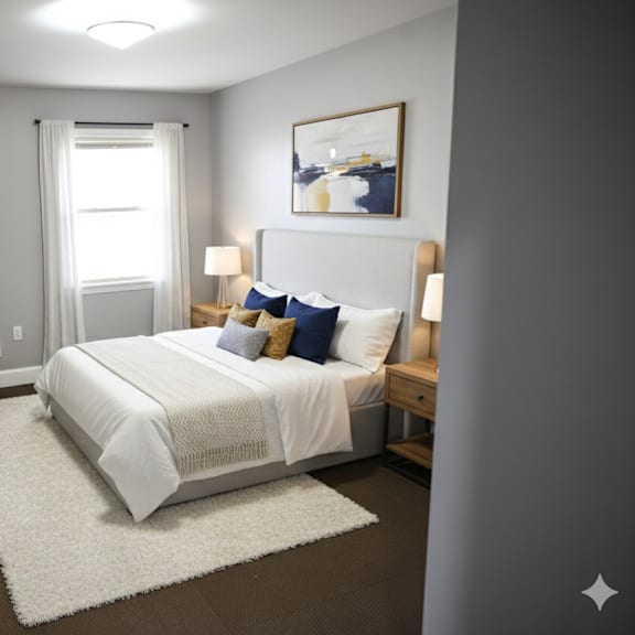 a well-lit bedroom with a large bed and a window.