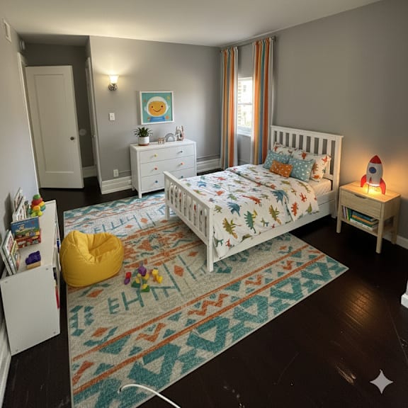 a small child's bedroom with a white bed and a white dresser.