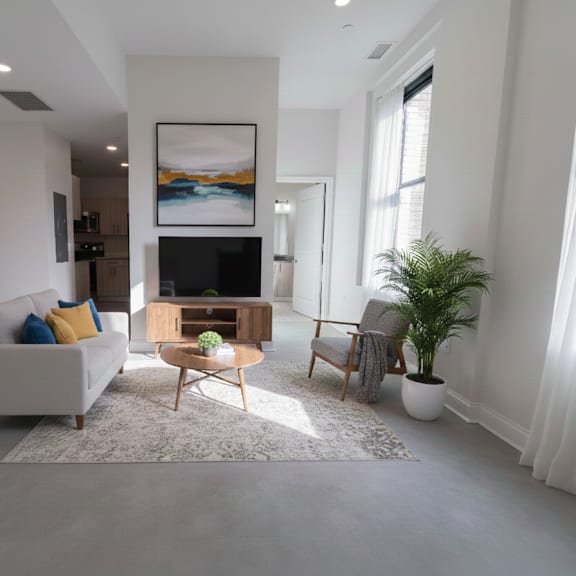 a living room with a white couch, a wooden coffee table, and a painting on the wall.
