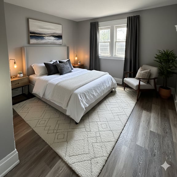 a bedroom with a large bed and a painting on the wall.