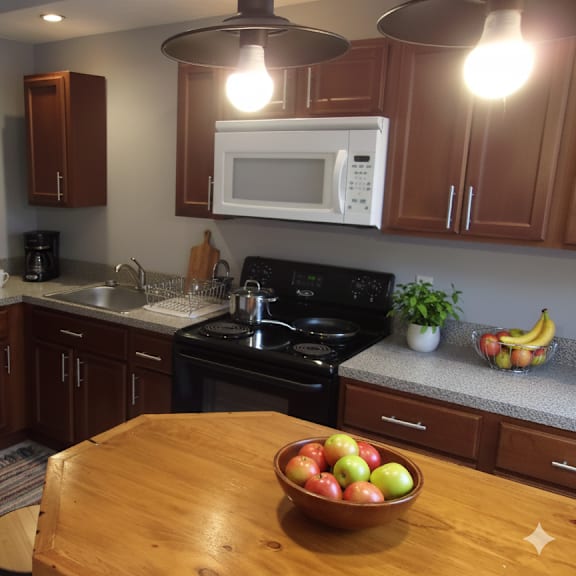 a kitchen with a black refrigerator, wooden cabinets, a black stove, and a wooden table with a bowl of fruit on it.