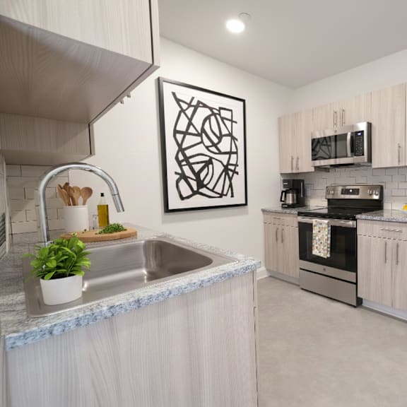a modern kitchen with a stainless steel refrigerator and a sink with a plant on the counter.
