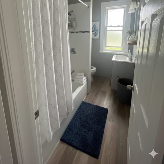 a bathroom with a white shower curtain and a blue rug on the floor.