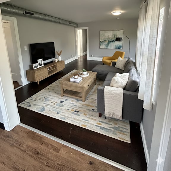 a living room with a grey couch and a coffee table.