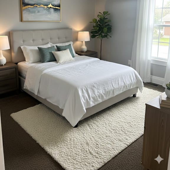 a bedroom with a large bed and a painting on the wall.