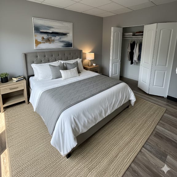 a bedroom with a large bed and a painting on the wall.