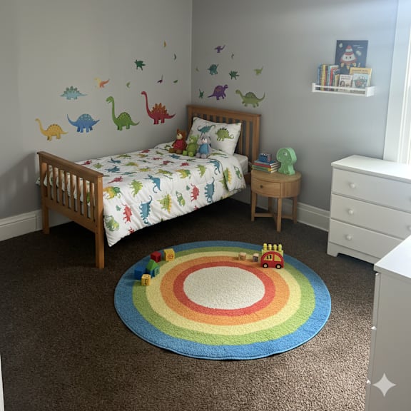 a child's bedroom with a rainbow rug and dinosaur wall decals.