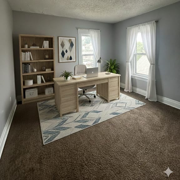 a room with a desk, chair, and bookshelf.
