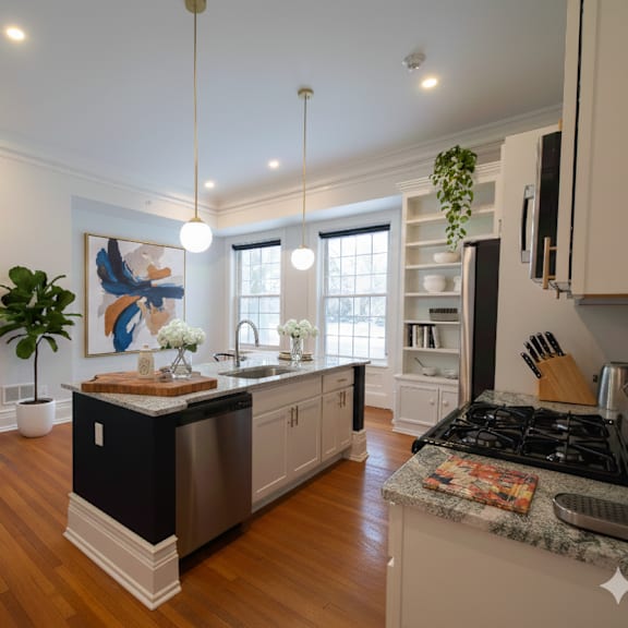 a modern kitchen with a black and white island.