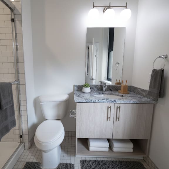 a bathroom with a toilet, sink, and shower.