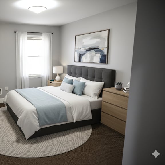 a bedroom with a large bed and a painting on the wall.