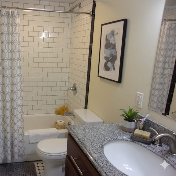 a bathroom with a white toilet, a shower curtain, a sink, and a mirror.