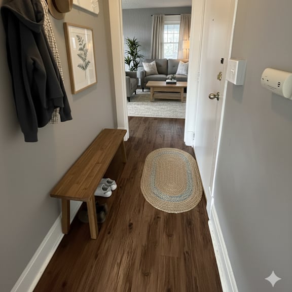 a hallway with a bench, coat rack, and a hat hanging on the wall.