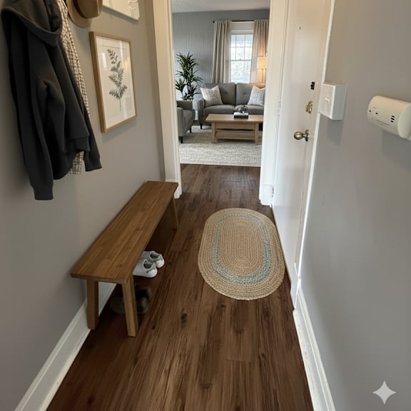 a hallway with a bench, coat rack, and a hat hanging on the wall.