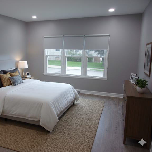 a bedroom with a large bed, two lamps, and a window overlooking a green lawn.