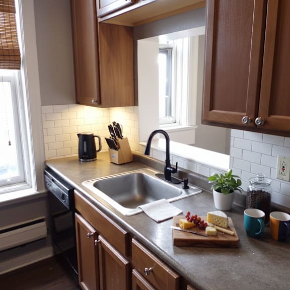 a kitchen with a sink, a window, and a cutting board with food on it.