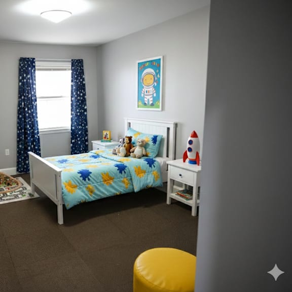 a child's bedroom with a bed, dresser, and a window with curtains.