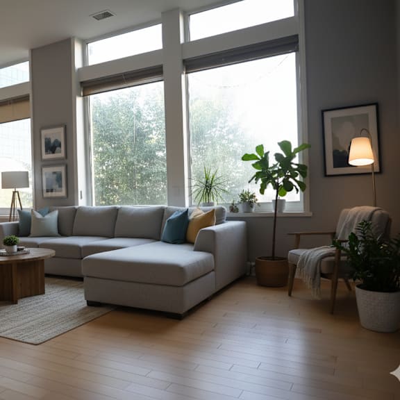 a living room with a white couch and a wooden coffee table.