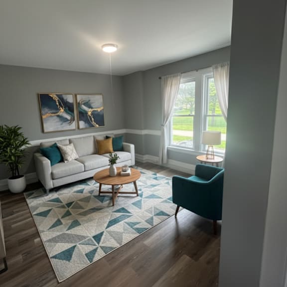 a living room with a couch, chair, and a rug.
