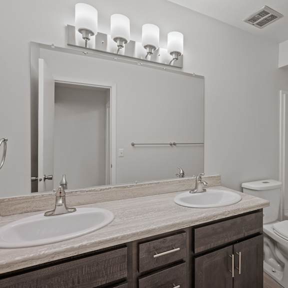 a bathroom with two sinks and a shower double vanity and a toilet