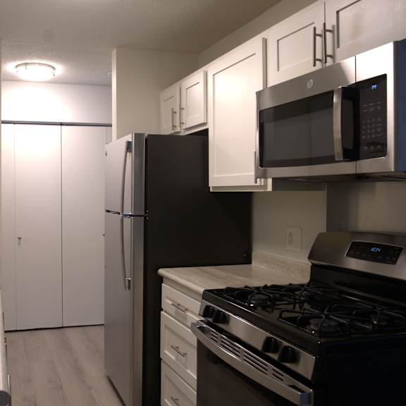 a kitchen with a black refrigerator, stove, and microwave.