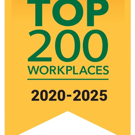 a yellow starburst badge with the startribune logo and the words "top 200 workplaces 2020-2025".