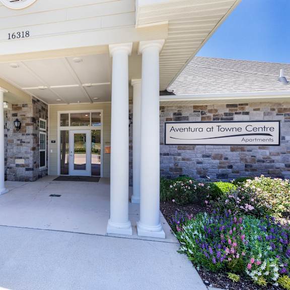 the front entrance of the administration of tower centre building at aventura at towne centre, ellisville, mo, 63011