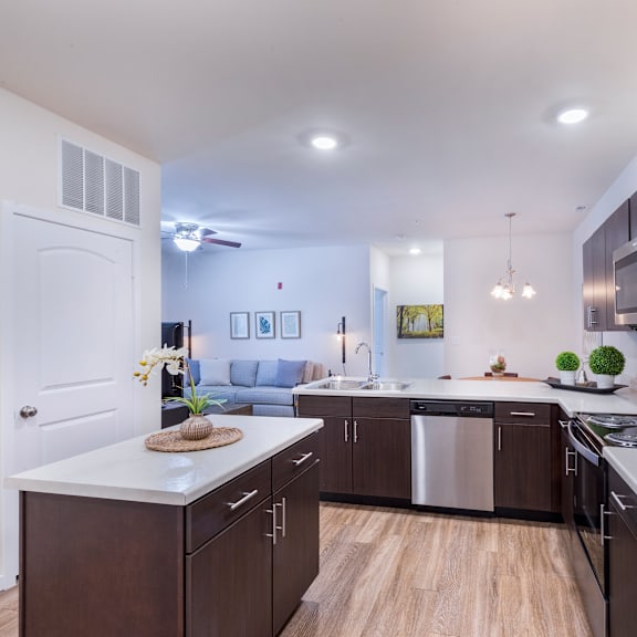a kitchen with stainless steel appliances and a stainless steel refrigerator at aventura at towne centre, ellisville