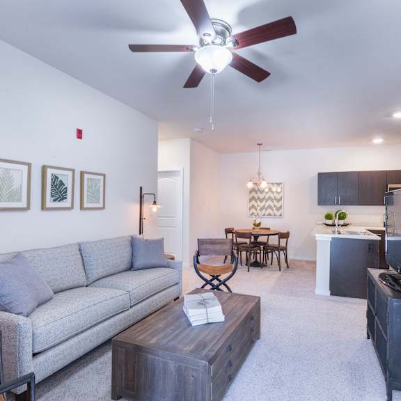 a living room with a couch and a tv at aventura at towne centre, missouri, 63011