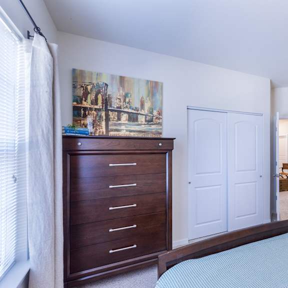 a bedroom with a bed and a dresser and a closet at aventura at towne centre, ellisville, 63011