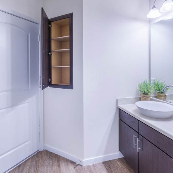 a bathroom with a sink and a shower and a mirror at aventura at towne centre, ellisville
