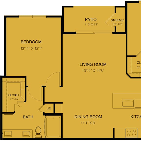 Thumbnail 1 of 13 A yellow floor plan of a house with a living room, two bedrooms, a dining room, a kitchen, a pantry, two bathrooms, and a laundry area.