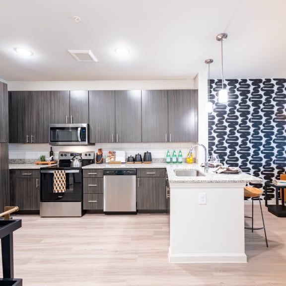 Thumbnail 6 of 15 a kitchen and living room with gray cabinets and a blue and white patterned wall at Three Hills, Austin