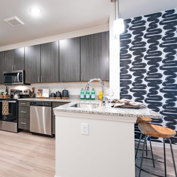 Thumbnail 7 of 15 the heights on capitol hill apartments kitchen with stainless steel appliances at Three Hills, Austin, 78747