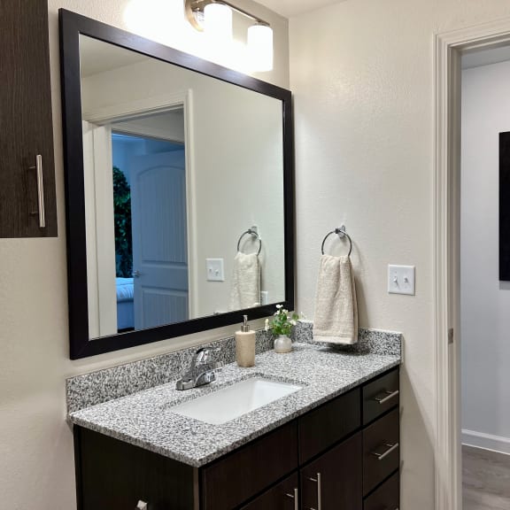 Thumbnail 10 of 16 Bathroom vanity with mirror and towel ring at High Point Preserve Apartments, Austin, TX 78724
